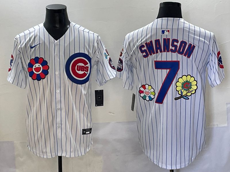 Men 2025 Chicago Cubs #7 Swanson White Stripe Flower Edition Nike MLB Jersey style 52->cincinnati reds->MLB Jersey